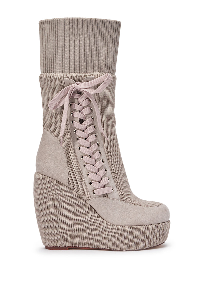 AKIRA GOLD WHATEVER WARM GREY CANVAS WEDGE BOOTIE
