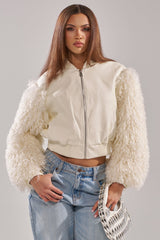 SO GOOD IT HURTS FUR SLEEVE BOMBER IN IVORY