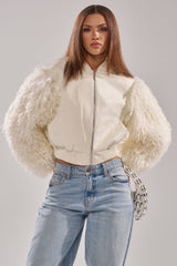 SO GOOD IT HURTS FUR SLEEVE BOMBER IN IVORY