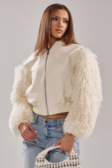 SO GOOD IT HURTS FUR SLEEVE BOMBER IN IVORY