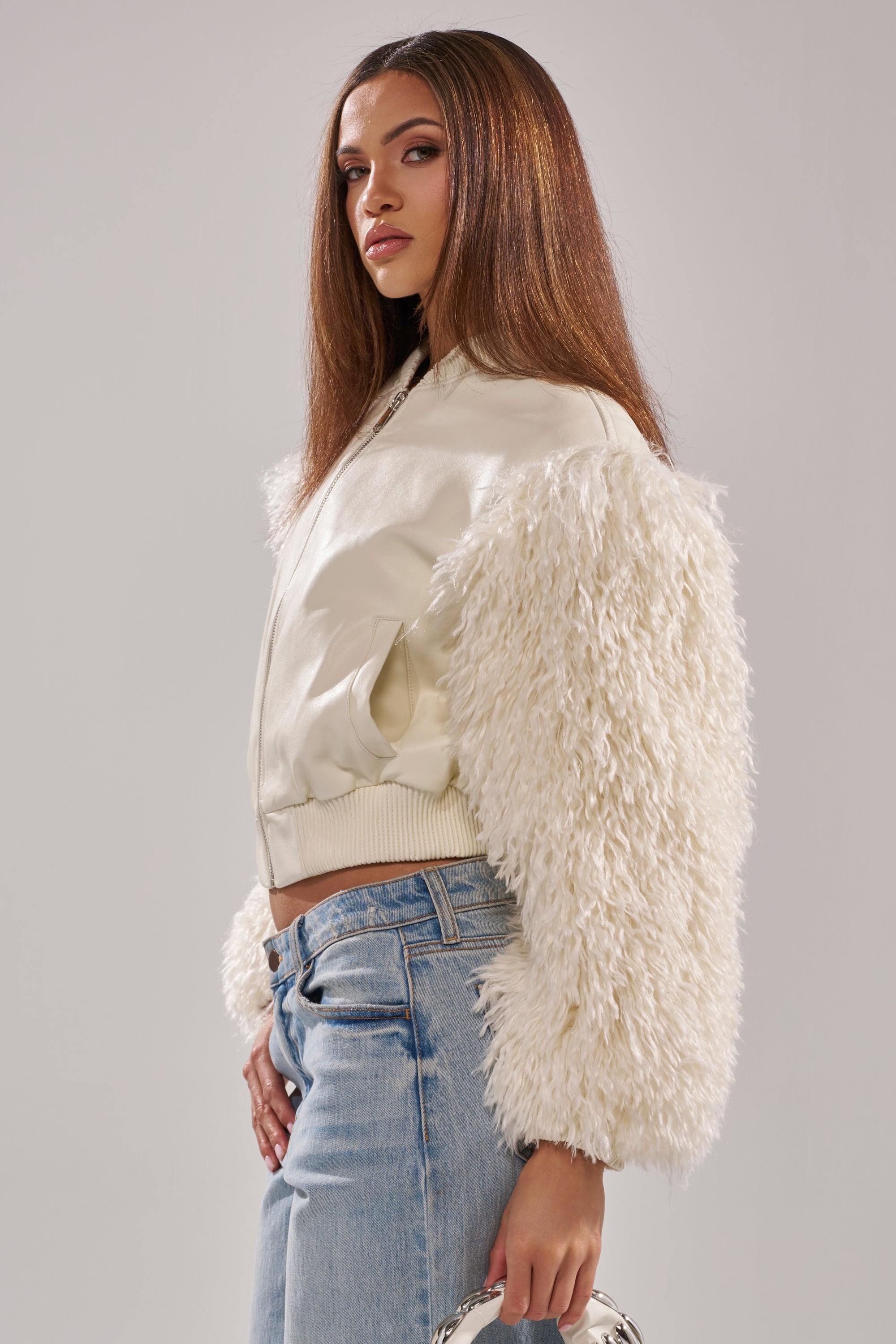 SO GOOD IT HURTS FUR SLEEVE BOMBER IN IVORY