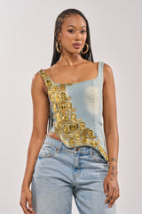 HAND BEADED LUX DENIM CORSET IN LIGHT BLUE DENIM