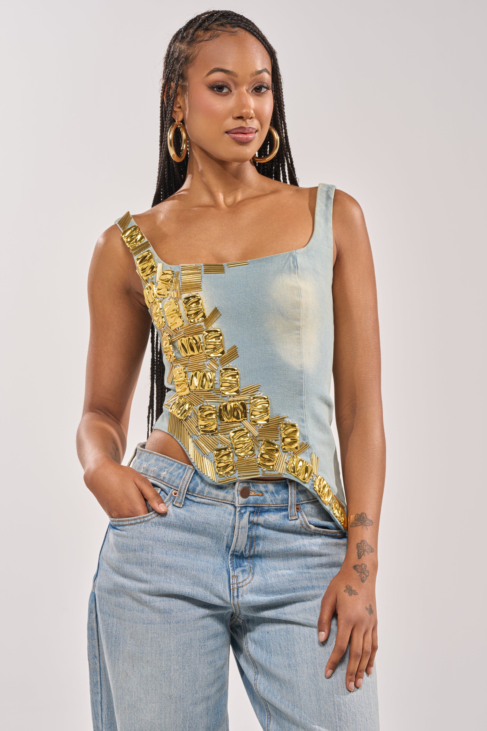HAND BEADED LUX DENIM CORSET IN LIGHT BLUE DENIM