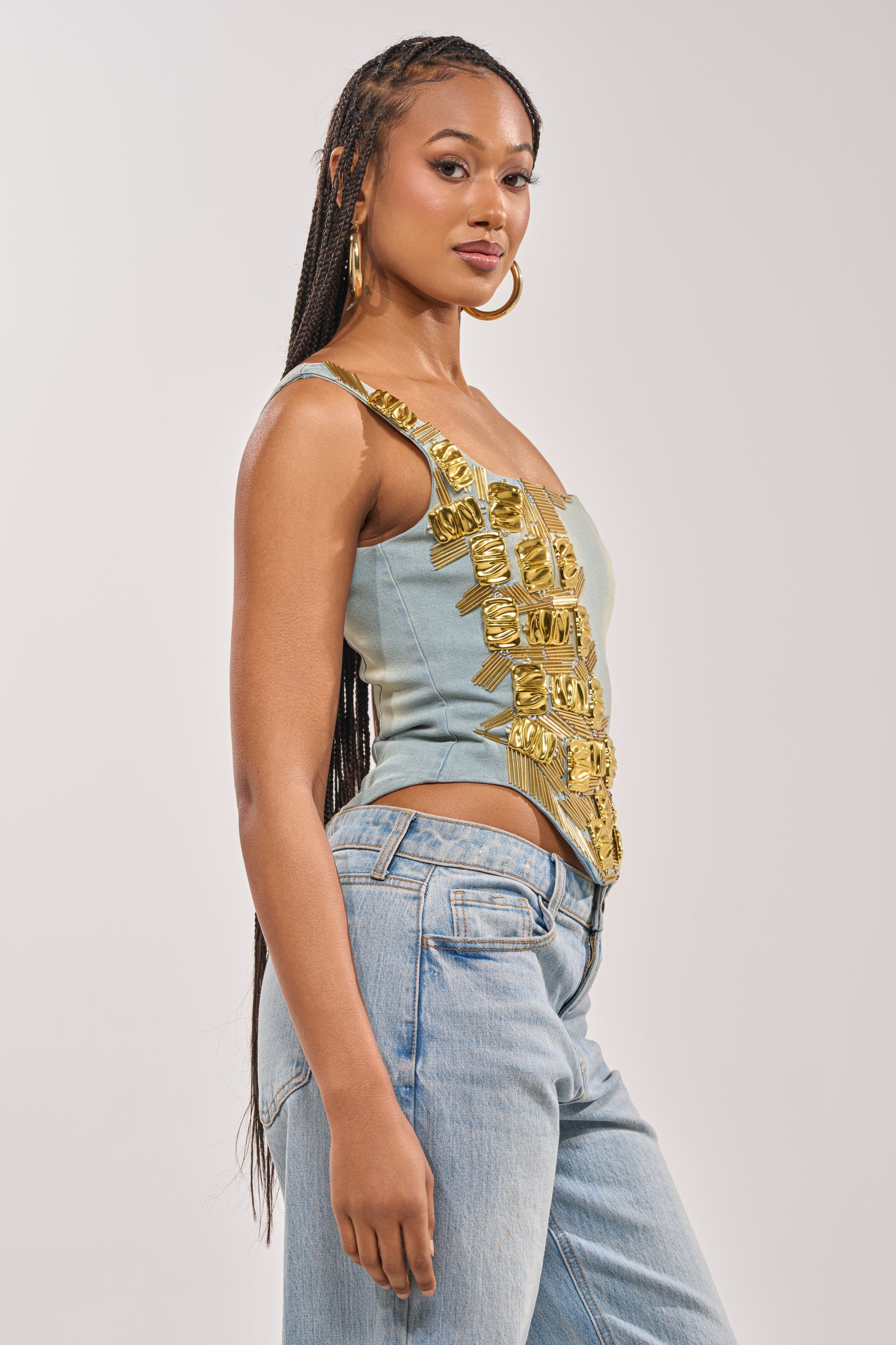 HAND BEADED LUX DENIM CORSET IN LIGHT BLUE DENIM