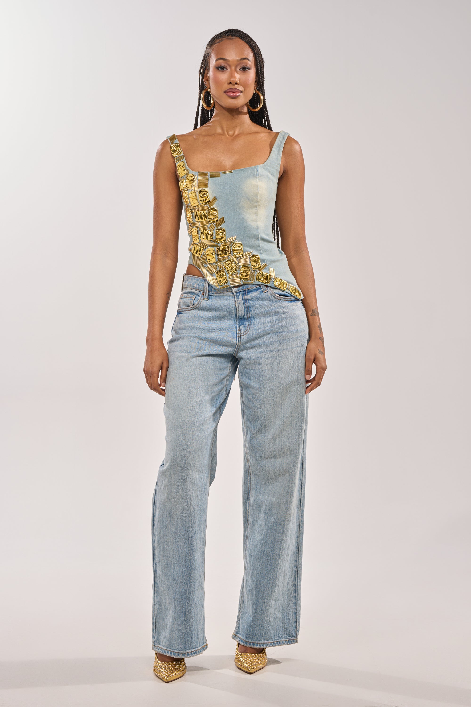 HAND BEADED LUX DENIM CORSET IN LIGHT BLUE DENIM