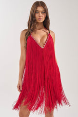 LET'S CELEBRATE FRINGE MINI DRESS IN RED