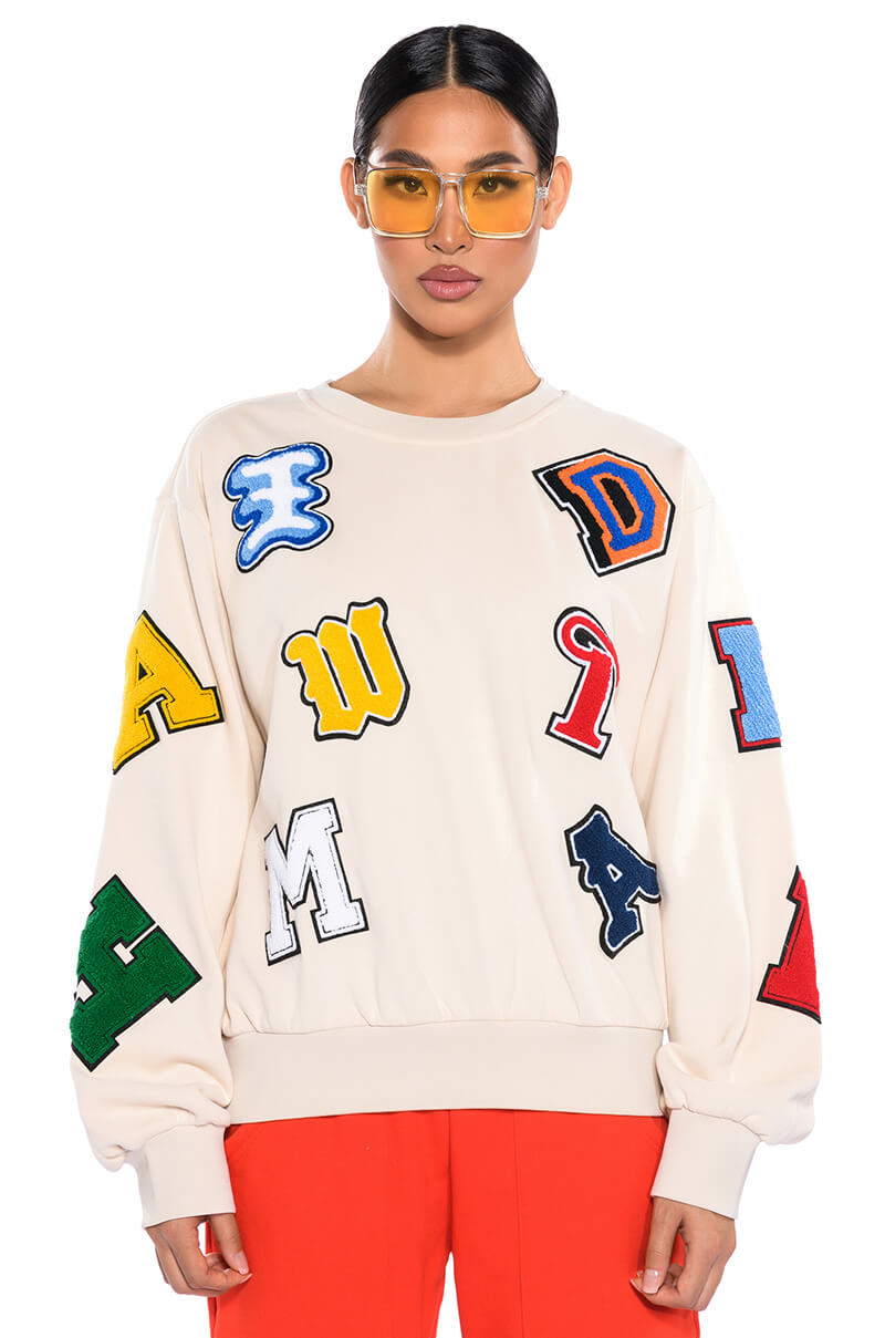 ABCDEFU PATCHWORK CREW NECK PULL OVER
