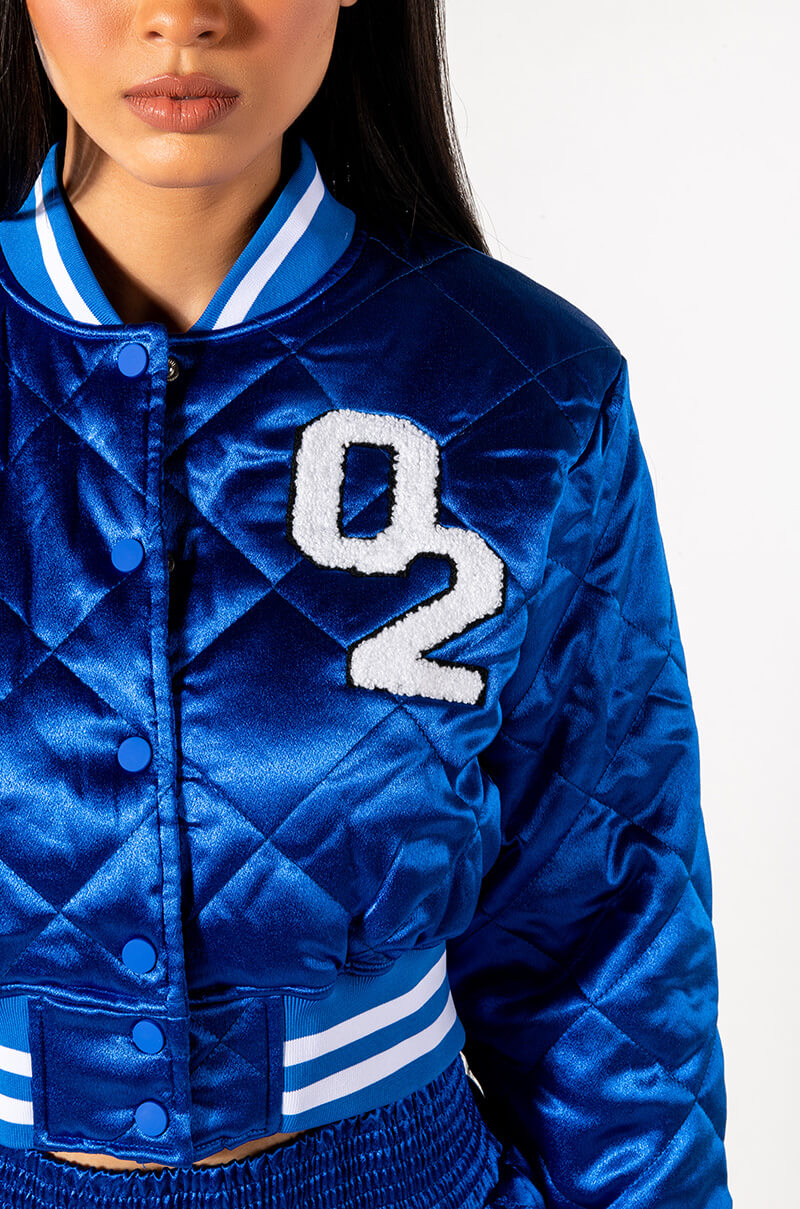 NO CAP CROPPED SATIN VARSITY BOMBER