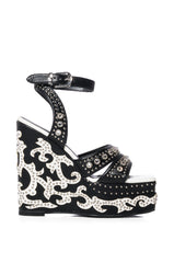 AZALEA WANG NUTMEG EMBELLISHED WEDGE HEEL SANDAL IN BLACK