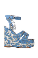 AZALEA WANG NUTMEG EMBELLISHED WEDGE HEEL SANDAL IN DENIM