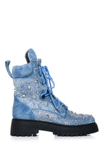 AZALEA WANG TRUFFLED DENIM EMBELLISHED COMBAT BOOTIE