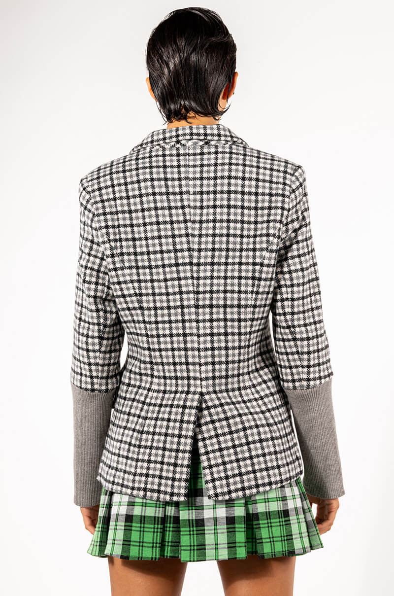 COLLEGIATE BACK TO SCHOOL PLAID BLAZER WITH THUMB HOLES