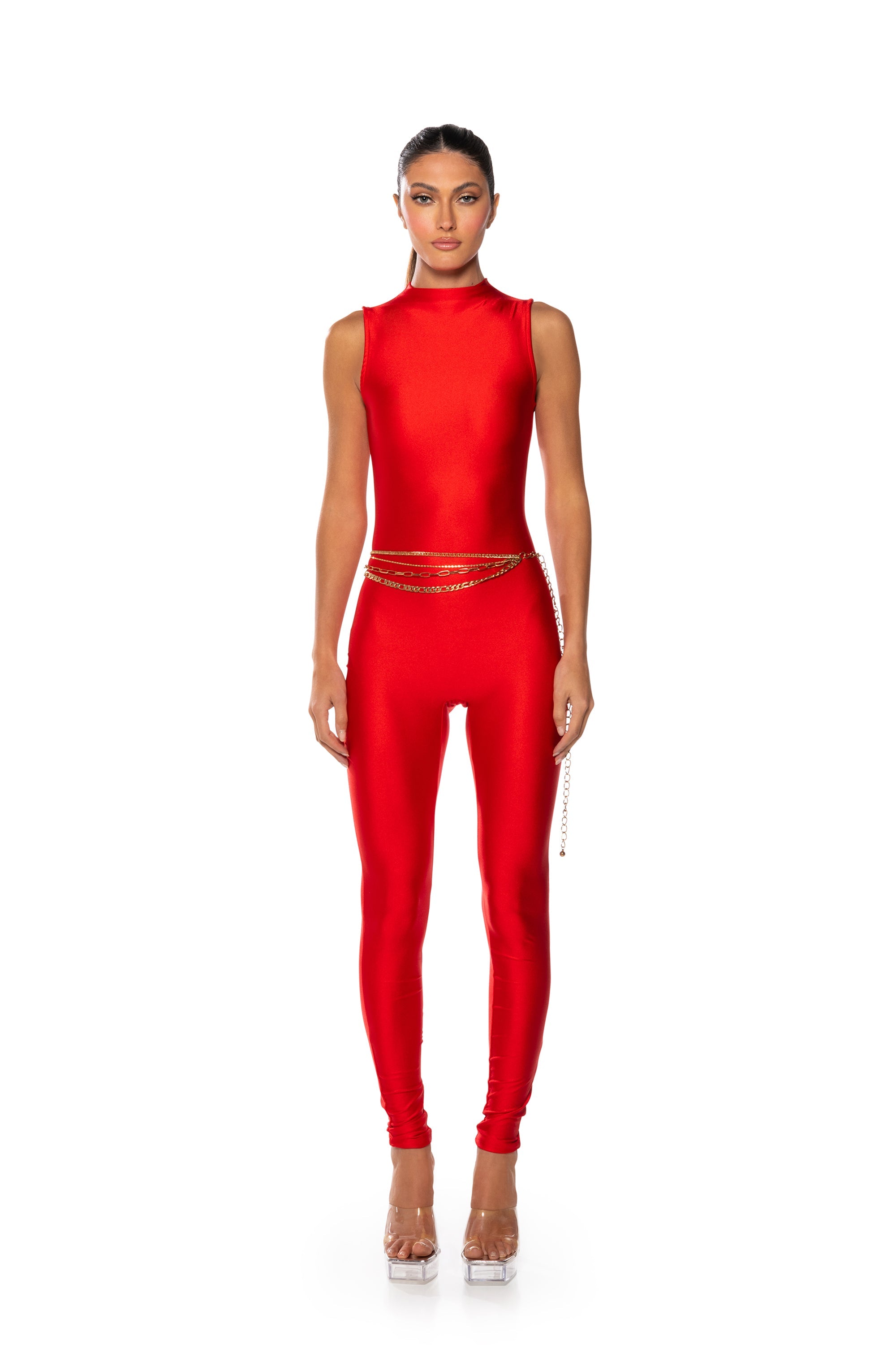 THE CASSIE SLEEVELESS SLINKY JUMPSUIT IN RED