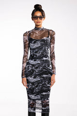 CONFIDENCE IS KEY LONG SLEEVE RUCHED MESH MIDI DRESS