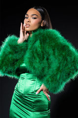 CROPPED FEATHER JACKET IN GREEN