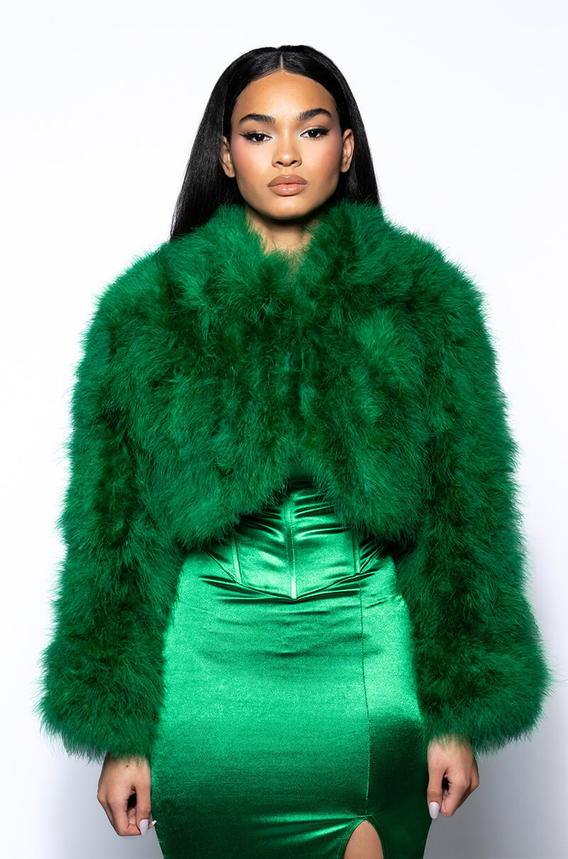 CROPPED FEATHER JACKET IN GREEN