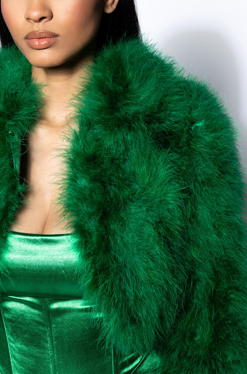 CROPPED FEATHER JACKET IN GREEN