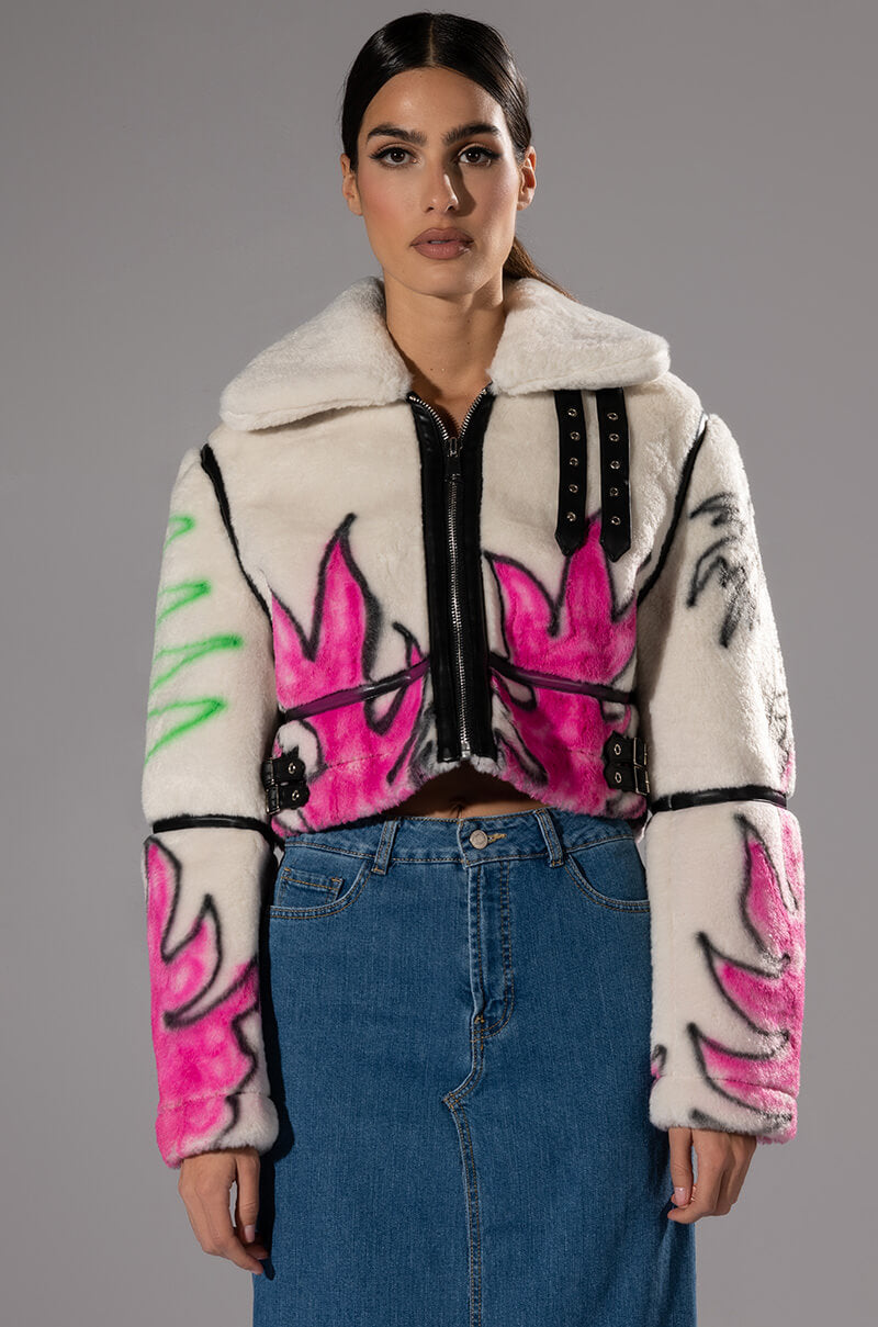 CRUSHING IT GRAFITI CROPPED SHERPA JACKET