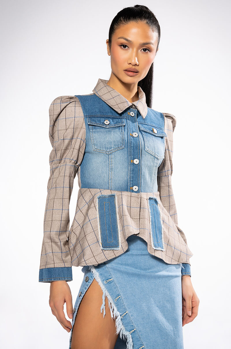 DC MIX MATERIAL DENIM PLAID BLAZER