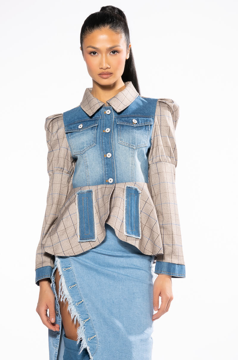 DC MIX MATERIAL DENIM PLAID BLAZER