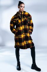 FUZZY PLAID LONG SHACKET WITH QUILTED LINING