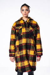 FUZZY PLAID LONG SHACKET WITH QUILTED LINING