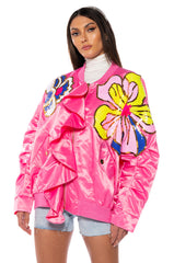 TENTENDO NYLON BOMBER WITH SEQUIN FLOWERS