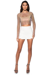 GLISTENING RHINESTONE MESH LONG SLEEVE TOP