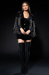 HIGHEST BIDDER RHINESTONE FRINGE VELVET BLAZER