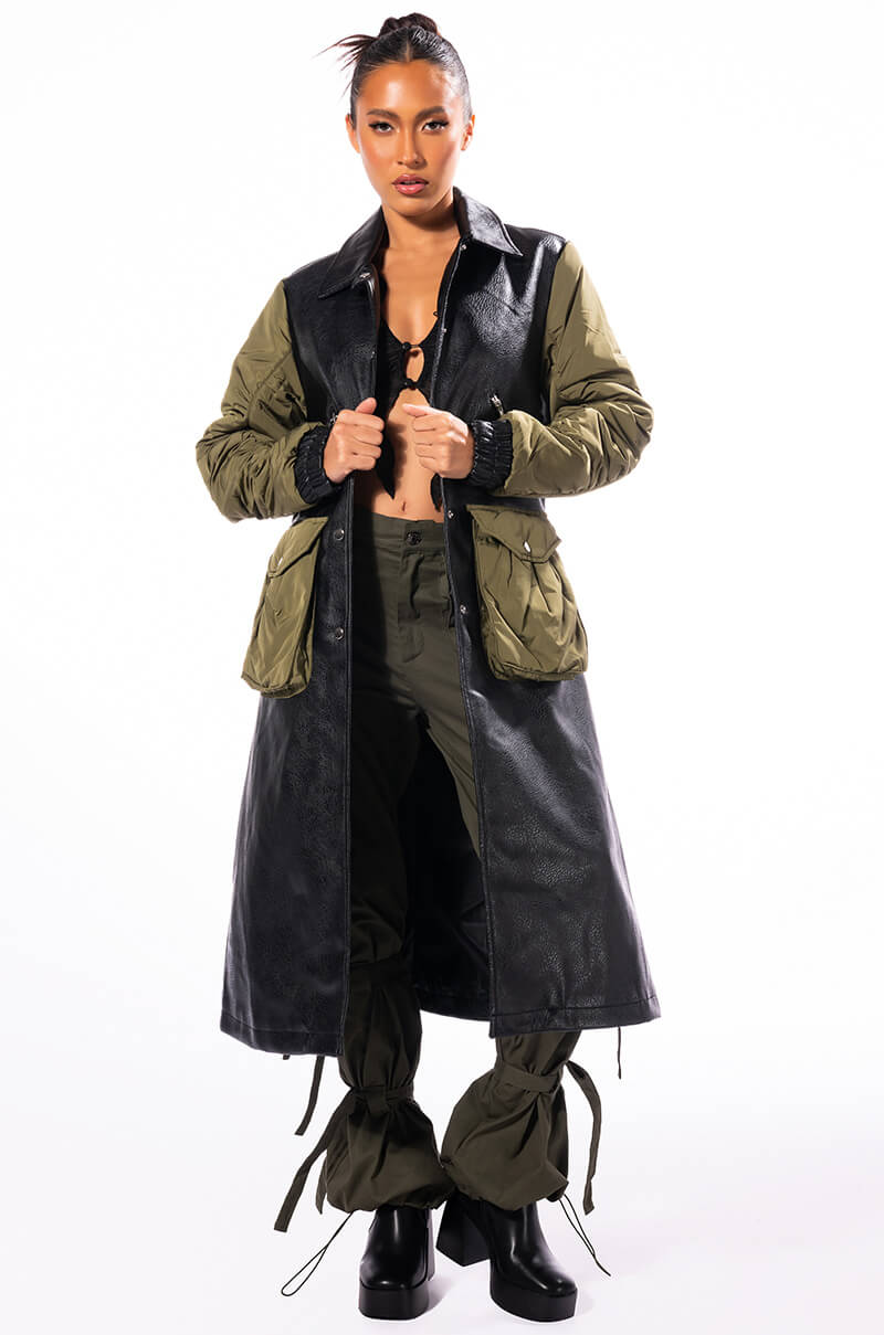 HYBRID MOTO PLEATHER TRENCH