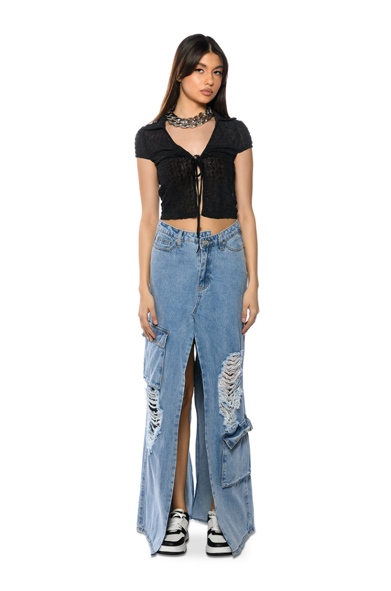 MASTERMIND SLIT MAXI DENIM SKIRT