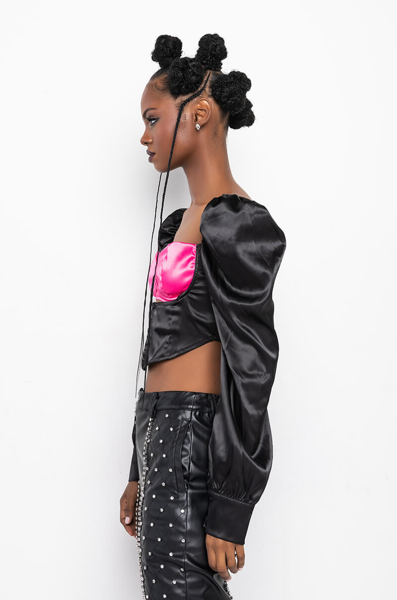 MY TYPE BUSTIER FRONT SATIN BLOUSE