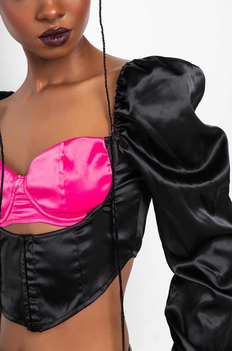 MY TYPE BUSTIER FRONT SATIN BLOUSE