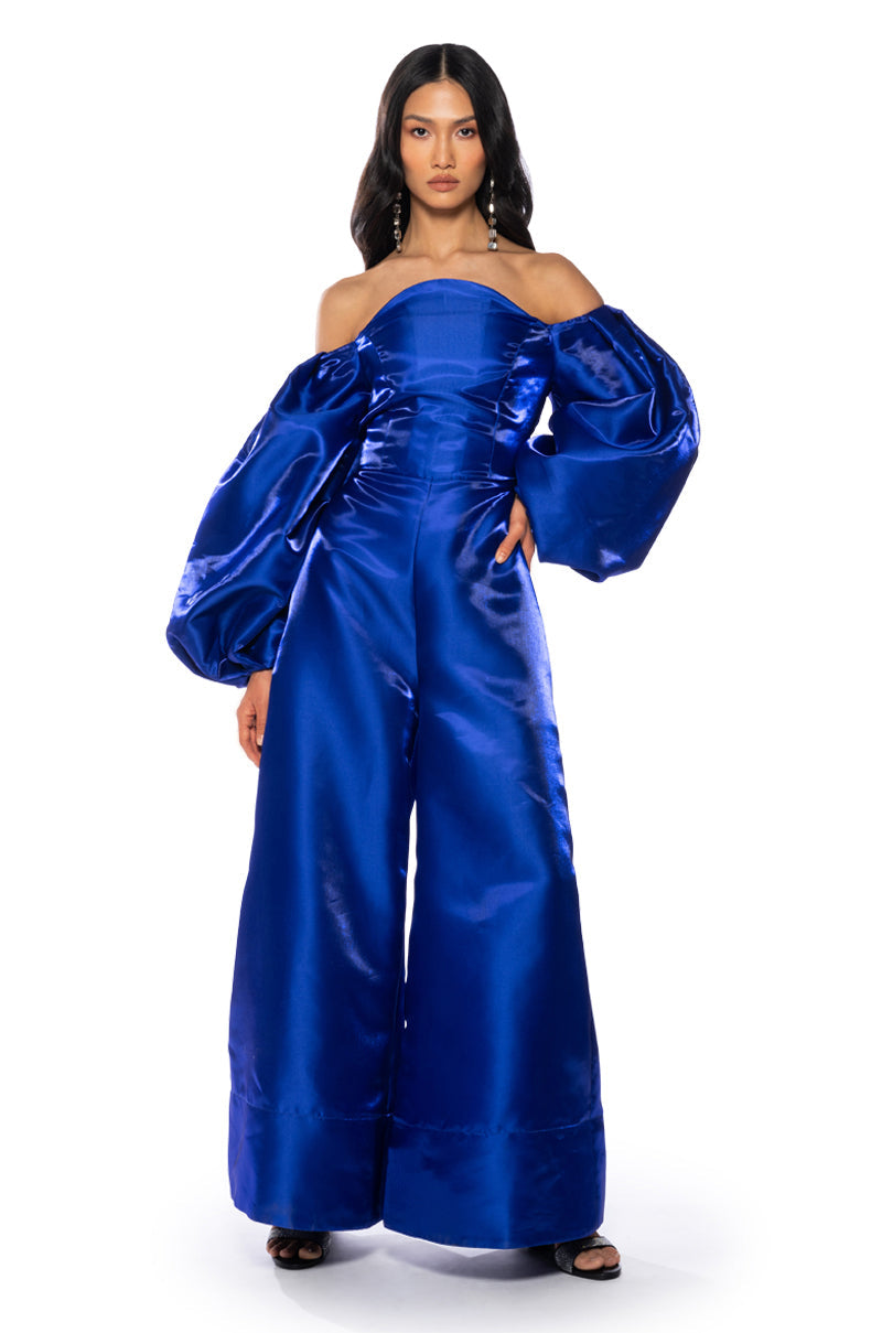 NO DRAMA OFF SHOULDER PUFF SLEEVE JUMPSUIT