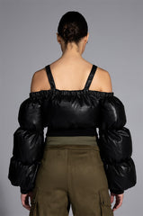 OFF SHOULDER PUFFER PU JACKET