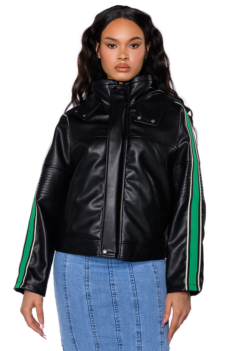 ON YOUR MARKS FAUX LEATHER HOODED JACKET