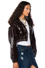 PATENT BROWN CROP BOMBER JACKET