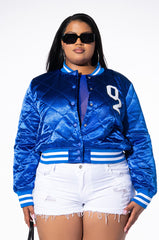 PLUS NO CAP CROPPED SATIN VARSITY BOMBER