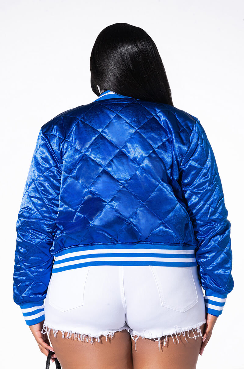 PLUS NO CAP CROPPED SATIN VARSITY BOMBER