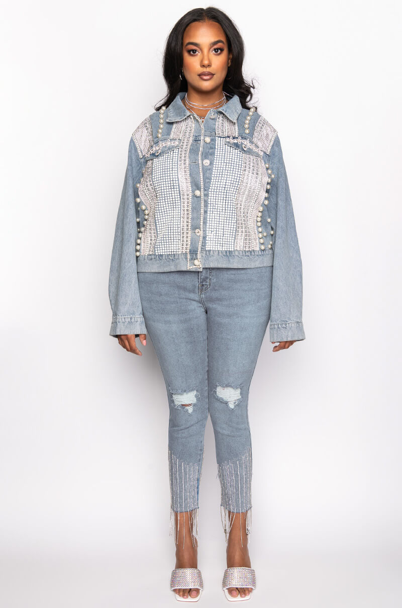 PLUS CARLI ULTRA BEDAZZLE RHINESTONE DENIM JACKET