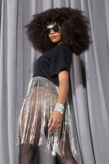 SHAKE IT OFF T SHIRT WITH RHINESTONE FRINGE