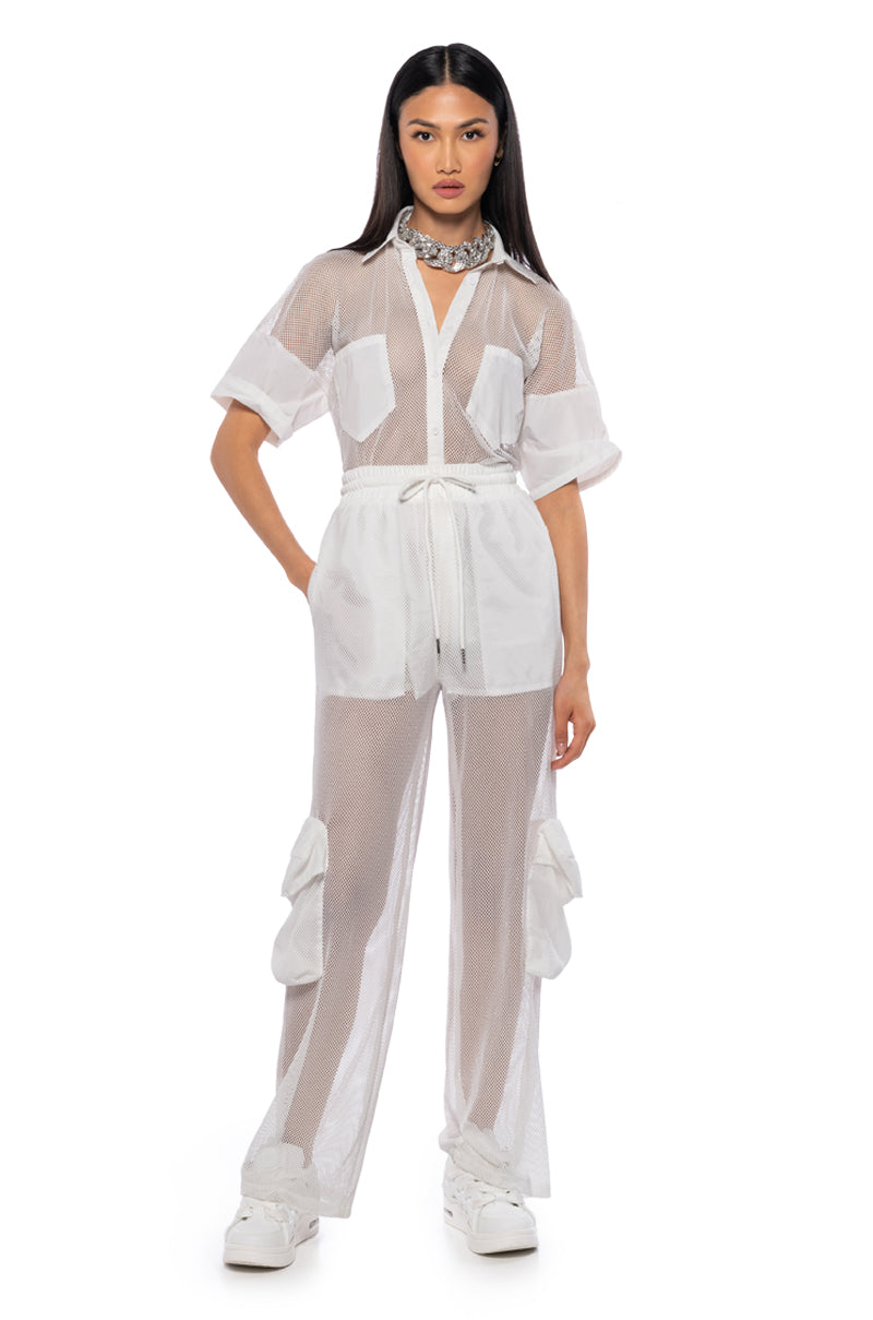 CARGO POCKET MESH SHEER JOGGER IN WHITE
