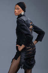 KELSI DISTRESSED BACK LONG DENIM JACKET
