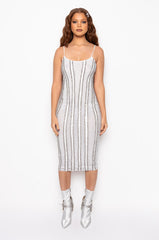 STUNNA MESH RHINESTONE TRIM MIDI DRESS