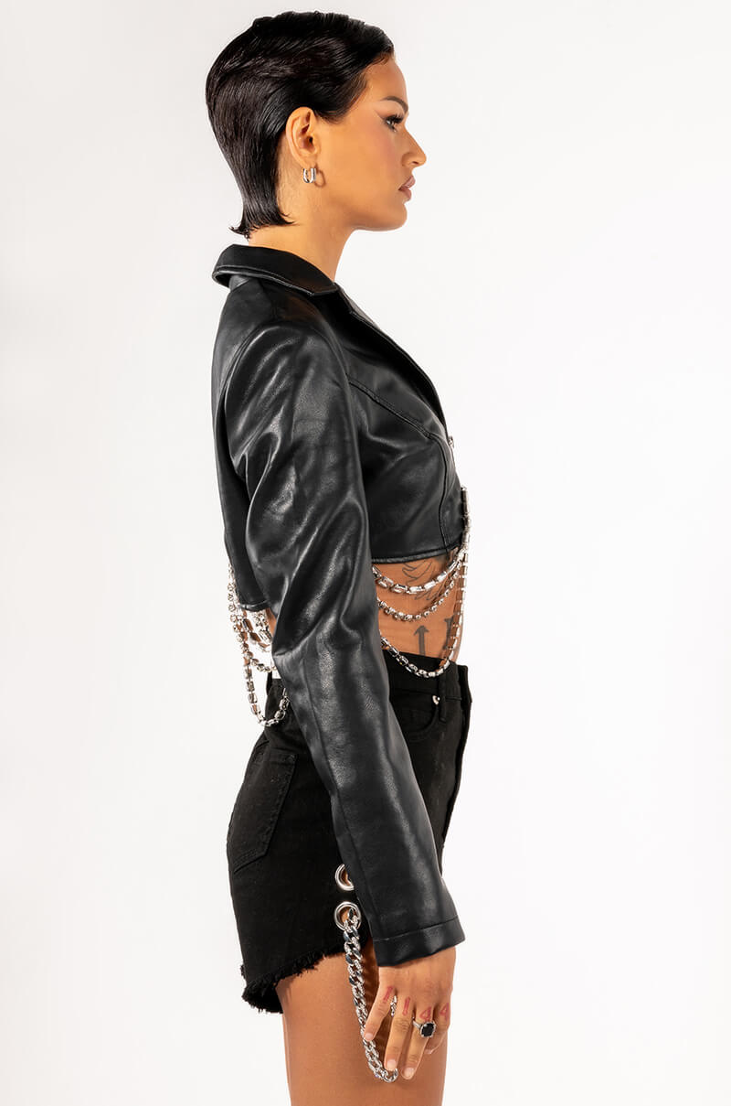GWEN CROP PU JACKET WITH RHINESTONE TRIM