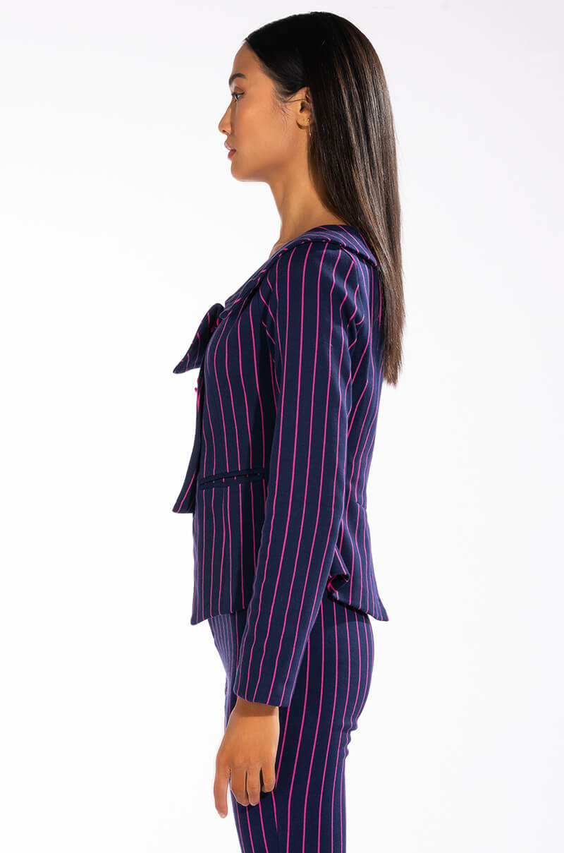 SWEET LIKE SUGAR PINSTRIPE OFF SHOULDER BLAZER