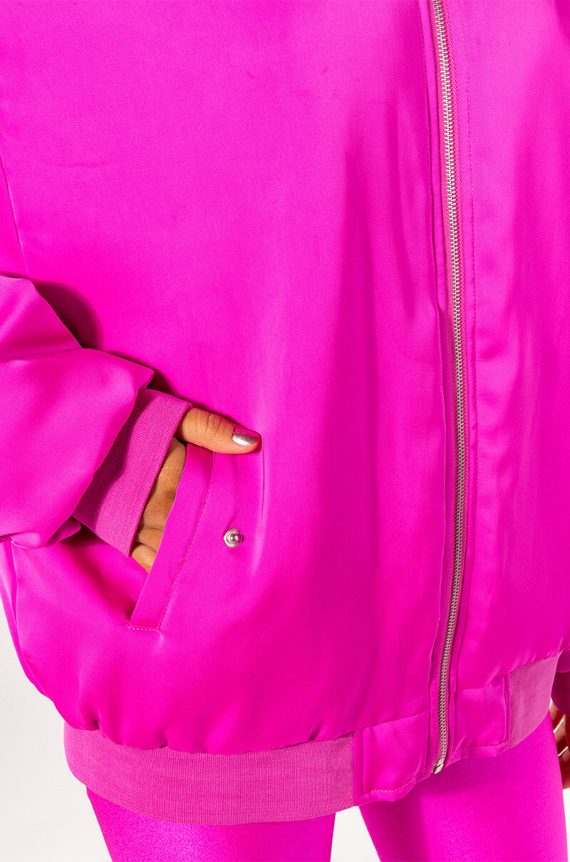 OVERSIZED SATIN BOMBER WITH RUCHED SLEEVES