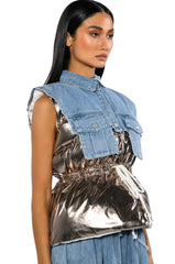 TO THE MOON METALLIC PUFFER VEST WITH DENIM