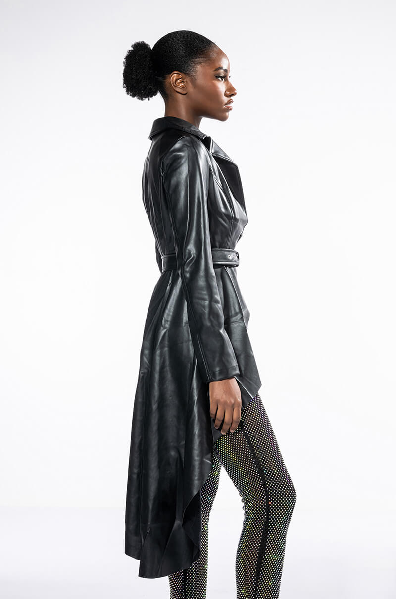 ZENDAYA PLEATHER HI LO TRENCH JACKET